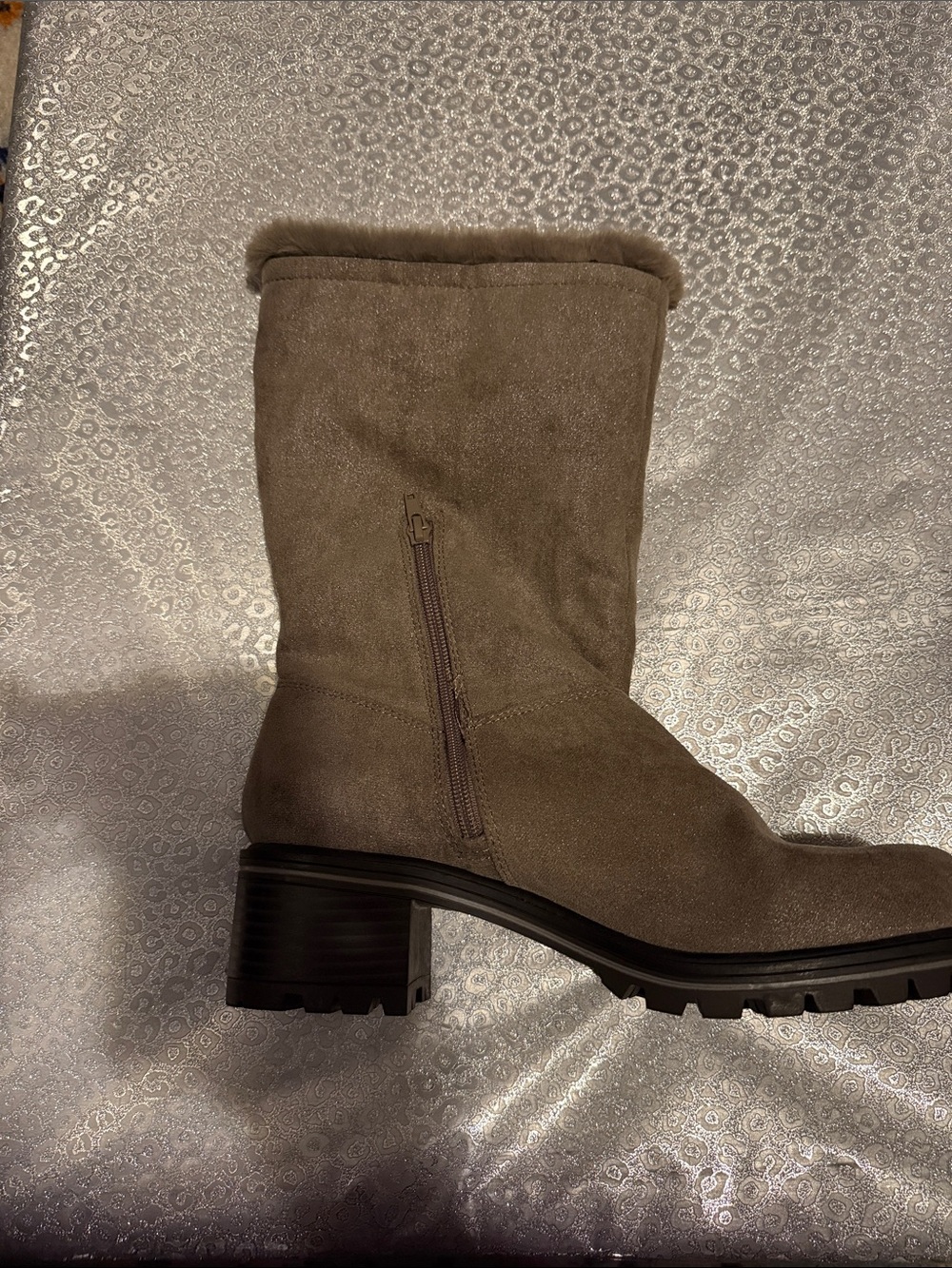 Kelly & Katie Taupe Faux Suede Mid-Calf Fur-Trim Boots.  NWT